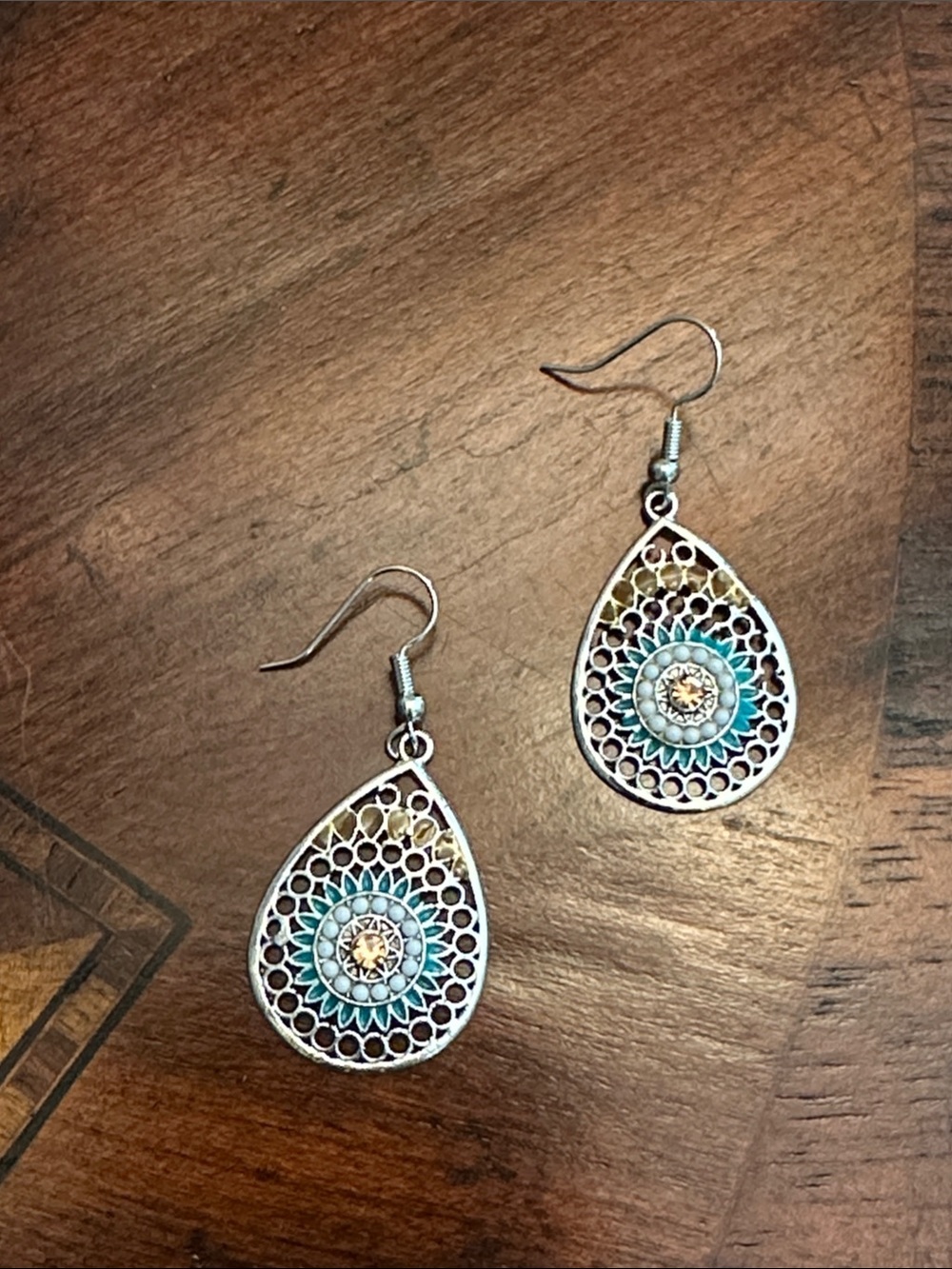 Bohemian Teardrop Filigree Earrings in Turquoise and Silver